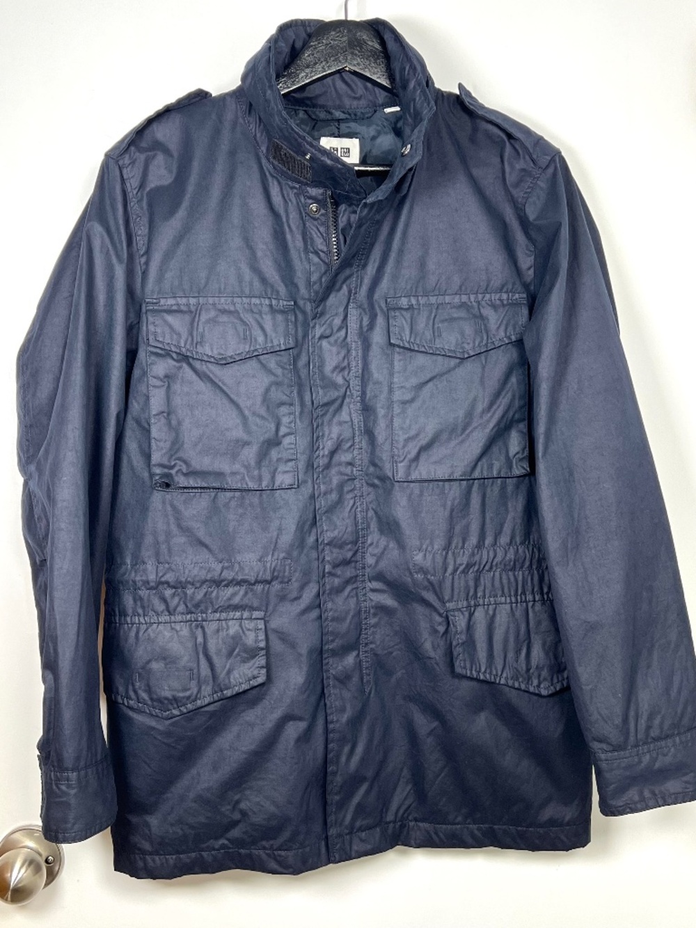 Uniqlo Waxed Cotton Chore Multi Pocket High Neck Parka Coat size S Navy Utility